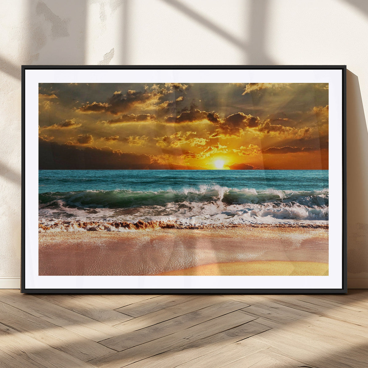 Golden Sunset Beach Canvas Wall Art | Triptych Seascape Print, Framed and Ready to Hang