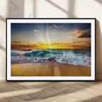 Golden Sunset Ocean Waves Wall Art Canvas Print | Multi Panel Beach Canvas Set, Coastal Triptych