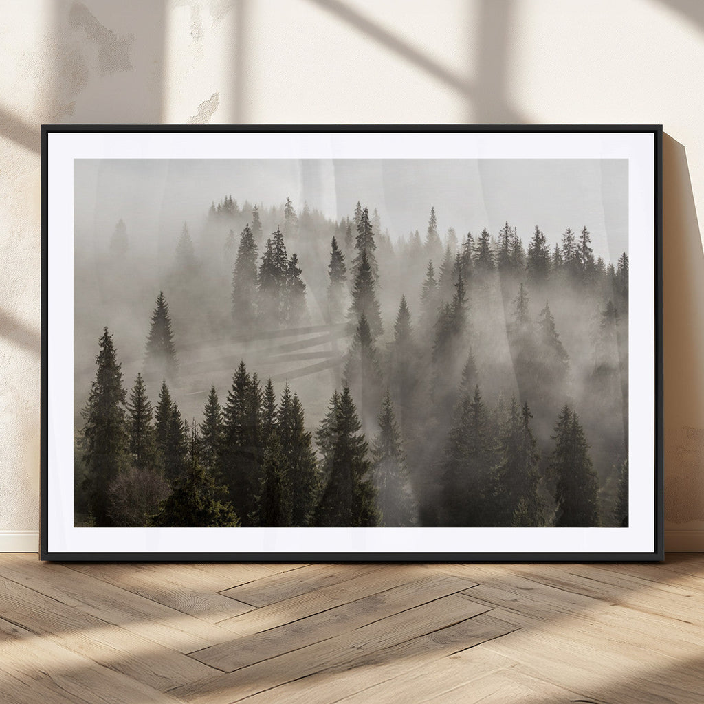 Foggy Mountain Wall Art | 3-Panel Foggy Forest and Mountain Landscape Canvas Print