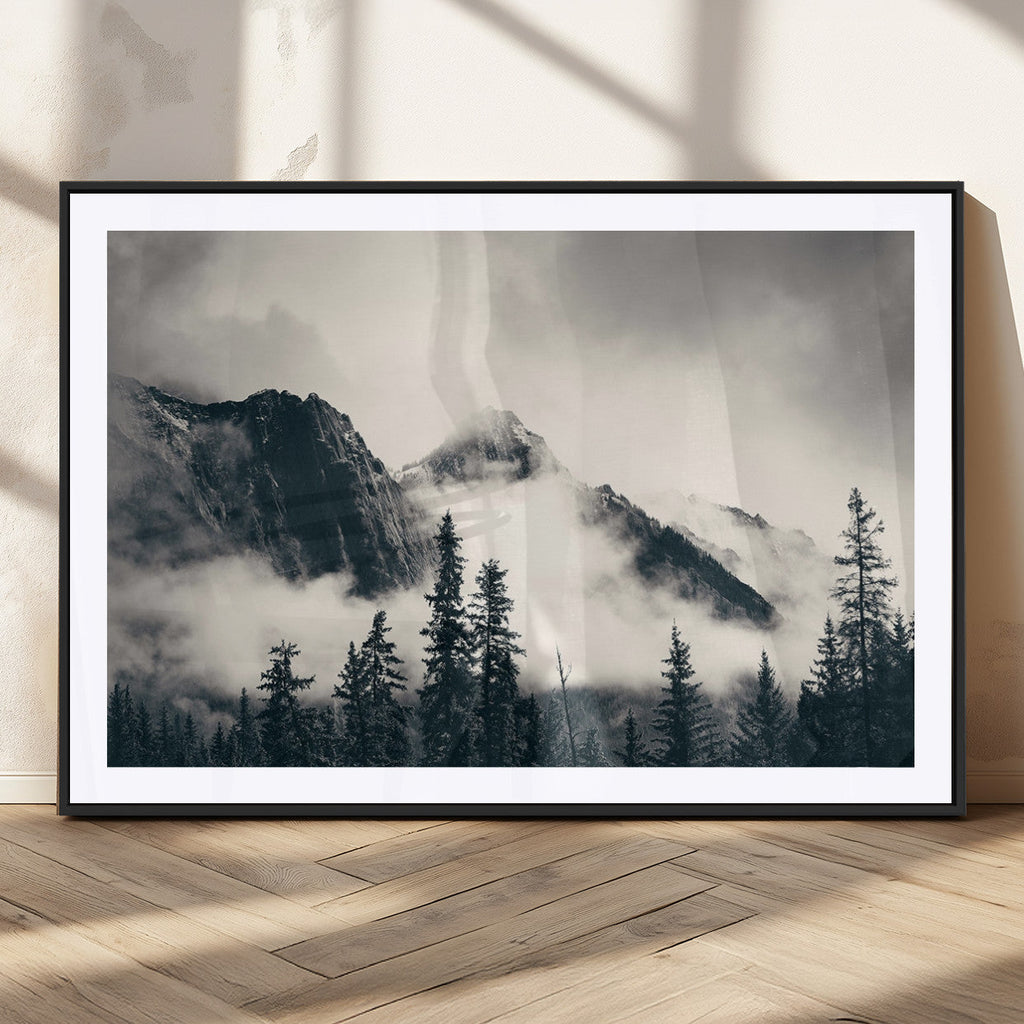 Forest Mountain Print | Black and White Canvas Wall Art with Misty Forest Design