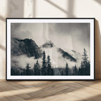 Forest Mountain Print | Black and White Canvas Wall Art with Misty Forest Design