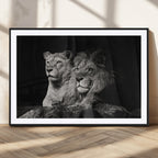 Lion Couple Wall Art Canvas Print, Elegant Black and White Wildlife Portrait