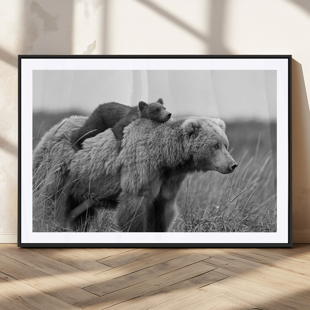 Bear and Cub Wall Art Canvas | Grizzly 399 Bear and Cub Black and White Wildlife Print