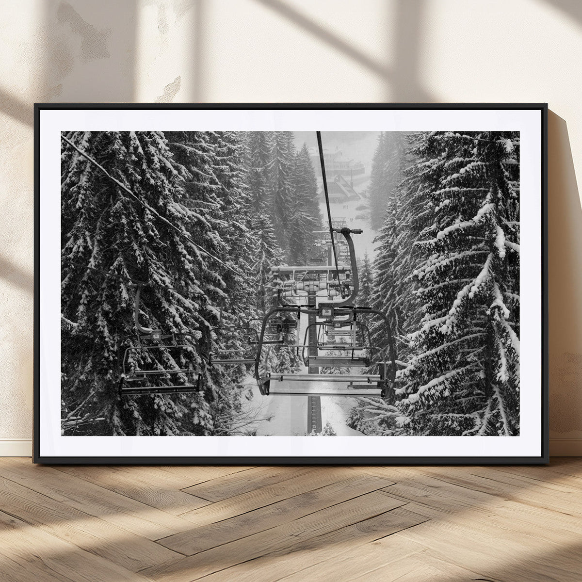 Winter Ski Lift Black and White Canvas Wall Art | Alpine Escape in Minimalist Style