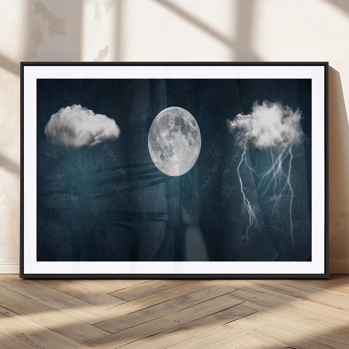 3 Piece Indigo Cloud Wall Art, Thunderstorm Moon Cloud Artwork