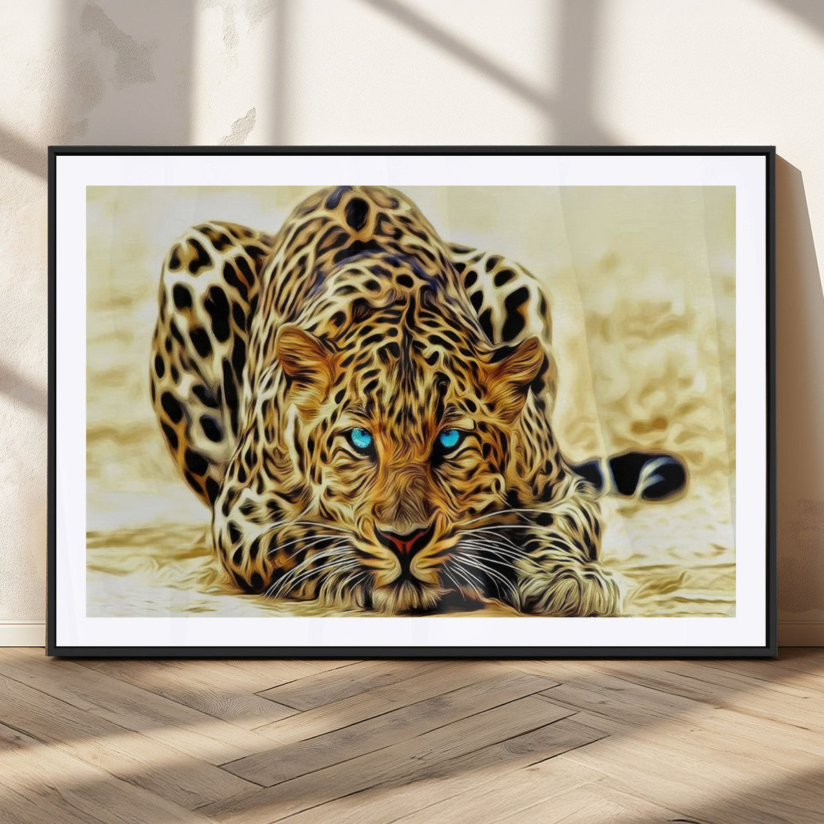 Blue-Eyed Leopard Canvas Wall Art, Framed Animal Print, Fierce and Bold Decor for Living Rooms