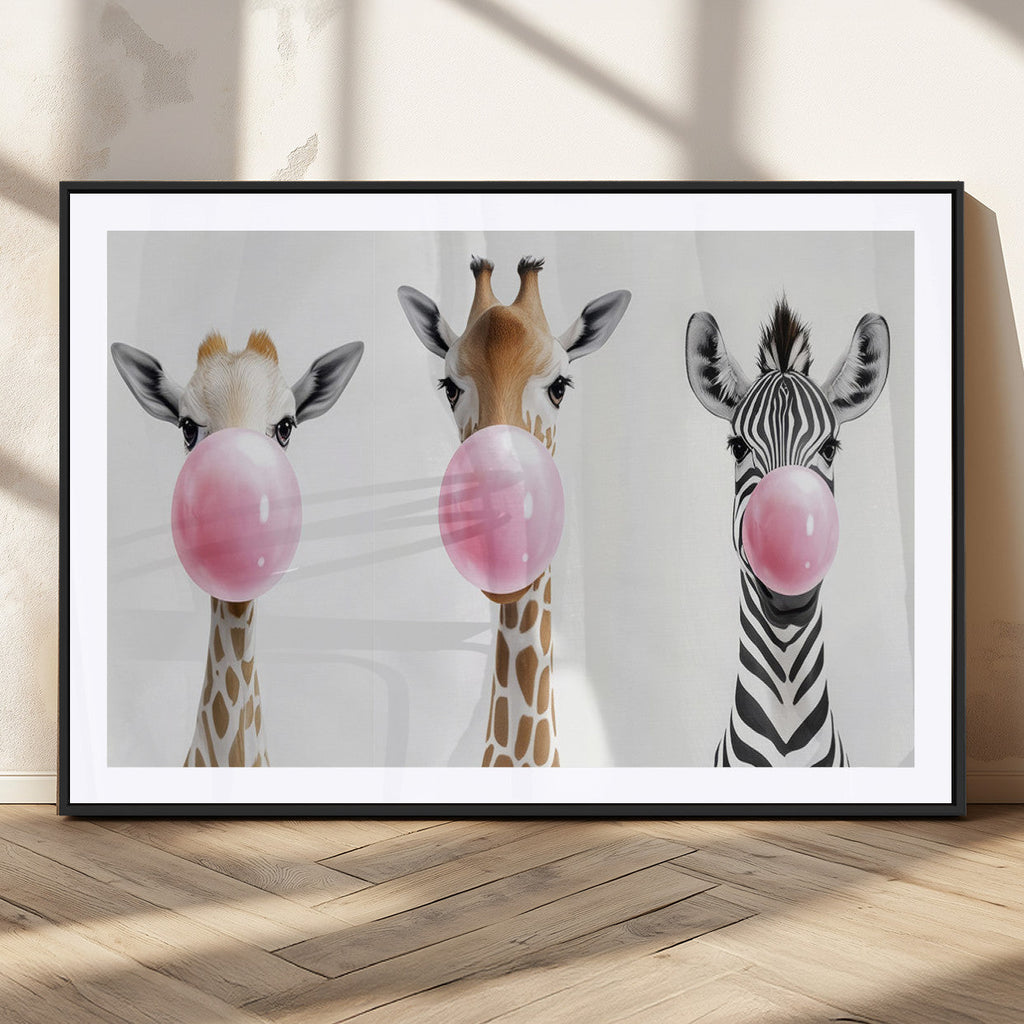 Bubblegum Animals Canvas Wall Art, Playful Giraffe and Zebra Trio, Whimsical Nursery and Kids Room Decor