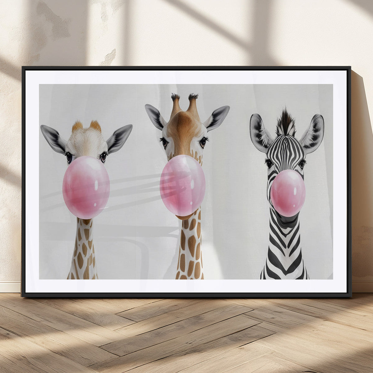 Bubblegum Animals Canvas Wall Art, Playful Giraffe and Zebra Trio, Whimsical Nursery and Kids Room Decor