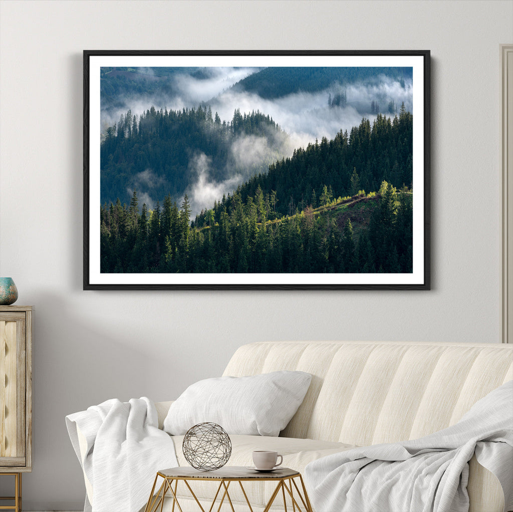 Misty Forest Wall Art Canvas Print | Pine Hills with Foggy Trees