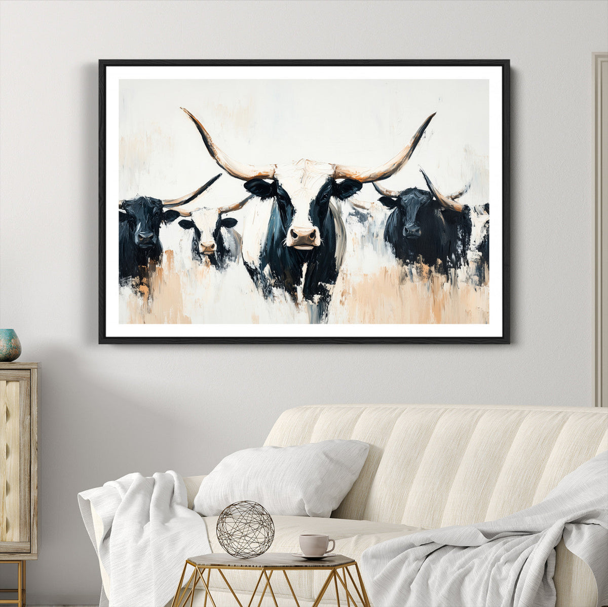 Texas Longhorn Wall Art Canvas Print | Majestic Horned Bull in Black and White
