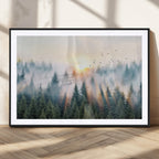 Misty Pine Forest Wall Art Canvas, Sunrise Over Foggy Trees