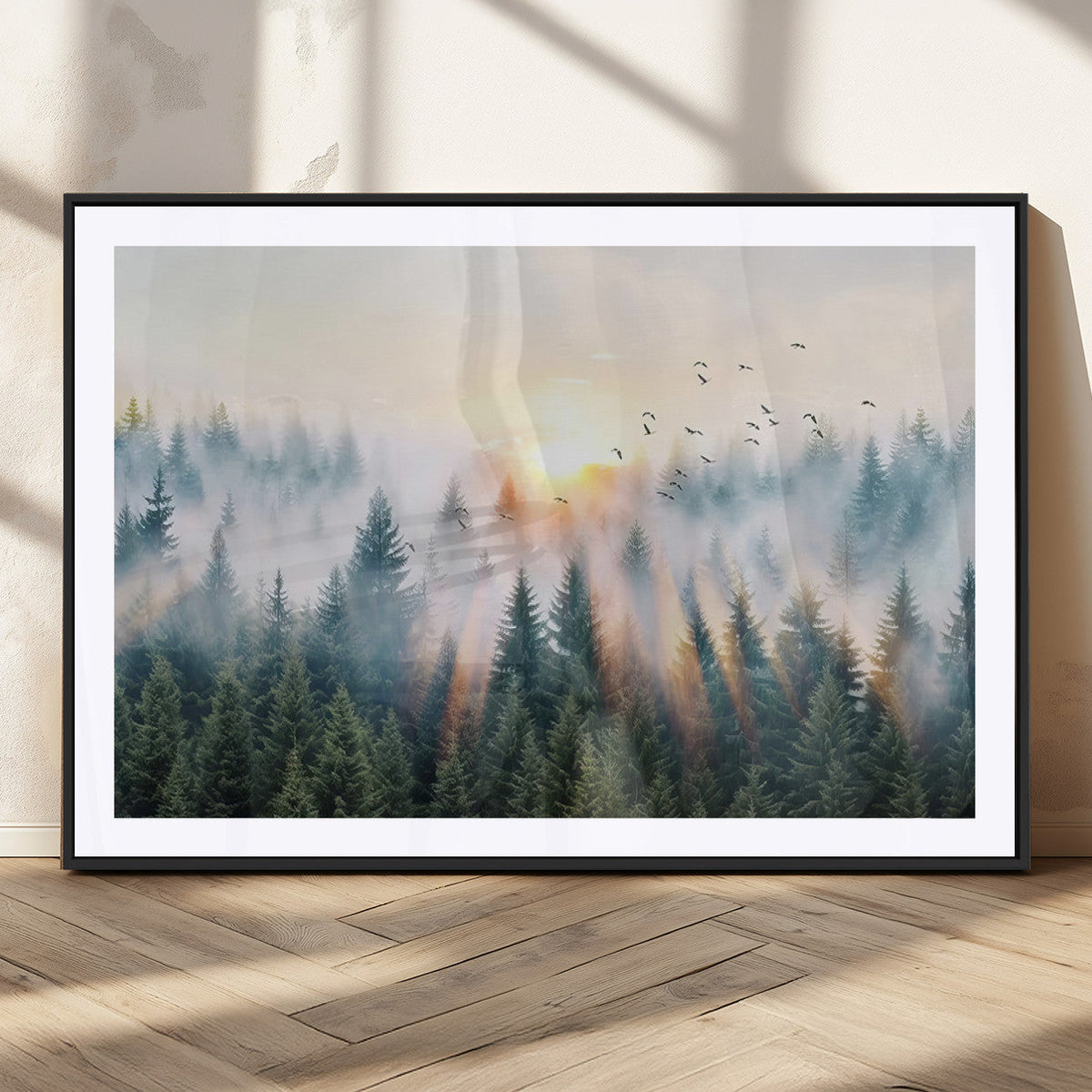 Misty Pine Forest Wall Art Canvas, Sunrise Over Foggy Trees