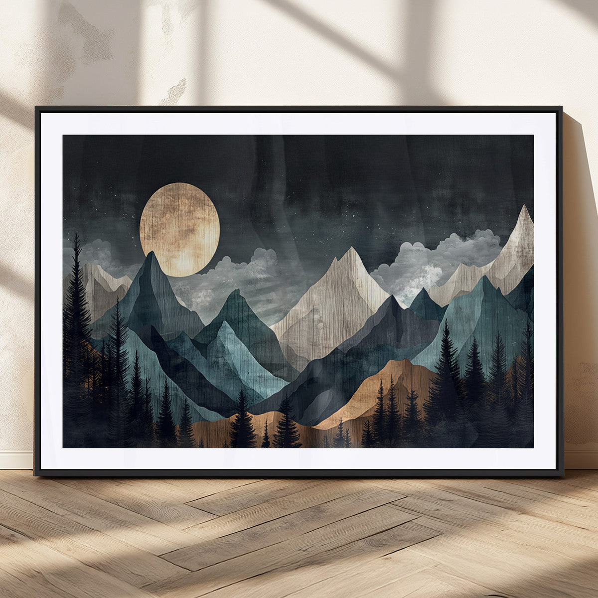 Moonlit Mountain Wall Art Canvas Print, Framed Silhouetted Pines Art, Layered Peaks Rustic Decor