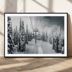 Snowy Pines Wall Art Canvas Print | Ski Lift in a Winter Forest