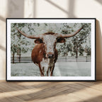 Texas Longhorn Wall Art Canvas Print | Framed Spotted Brown and White Bull