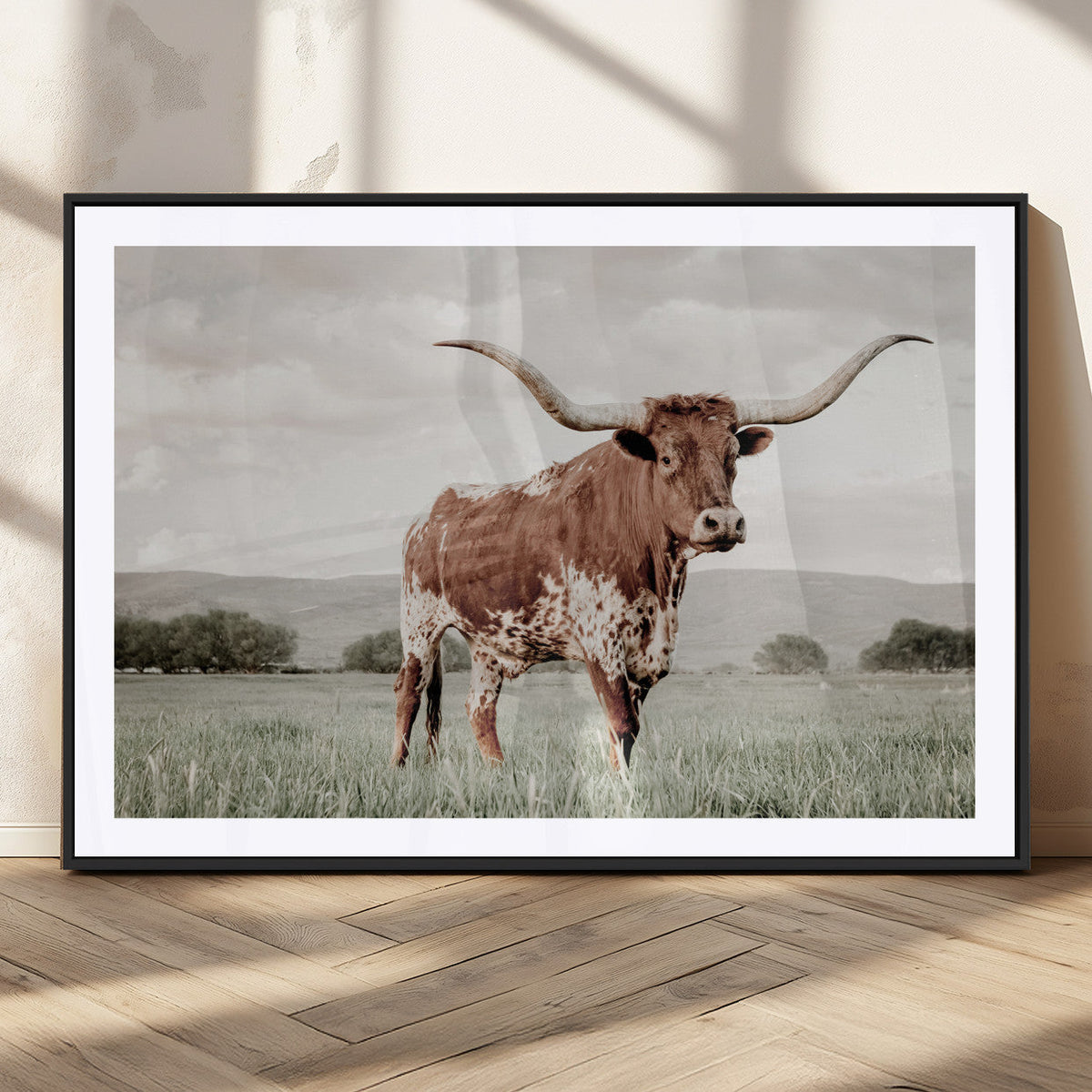 Texas Longhorn Wall Art | Framed Spotted Cattle Canvas