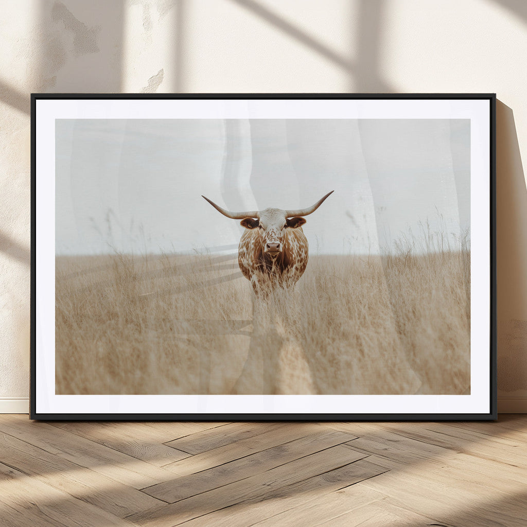 Texas Longhorn Wall Art Canvas Print, Framed Lone Cattle and Longhorn Bull Scene