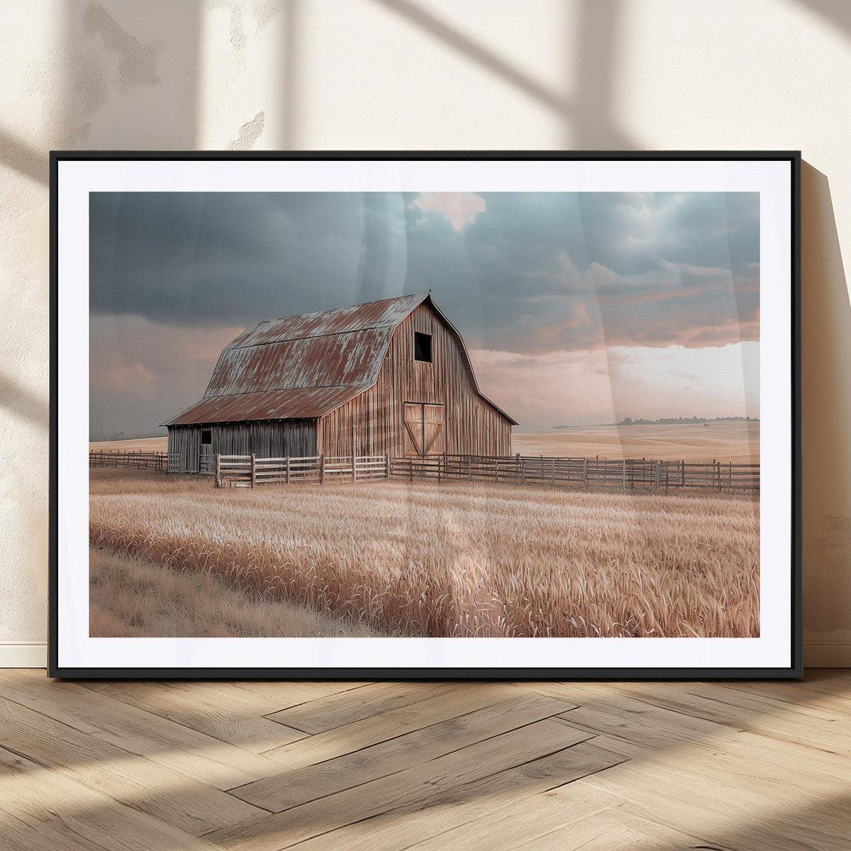 Rustic Barn Wall Art Canvas Print, Framed Wheat Field Scene