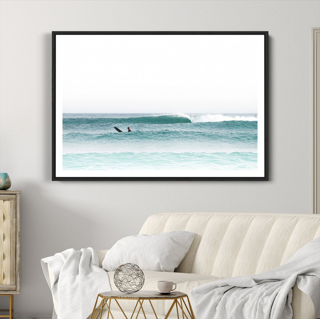 Surfing Wall Art Canvas Print, Framed Minimalist Ocean Waves Beach Art