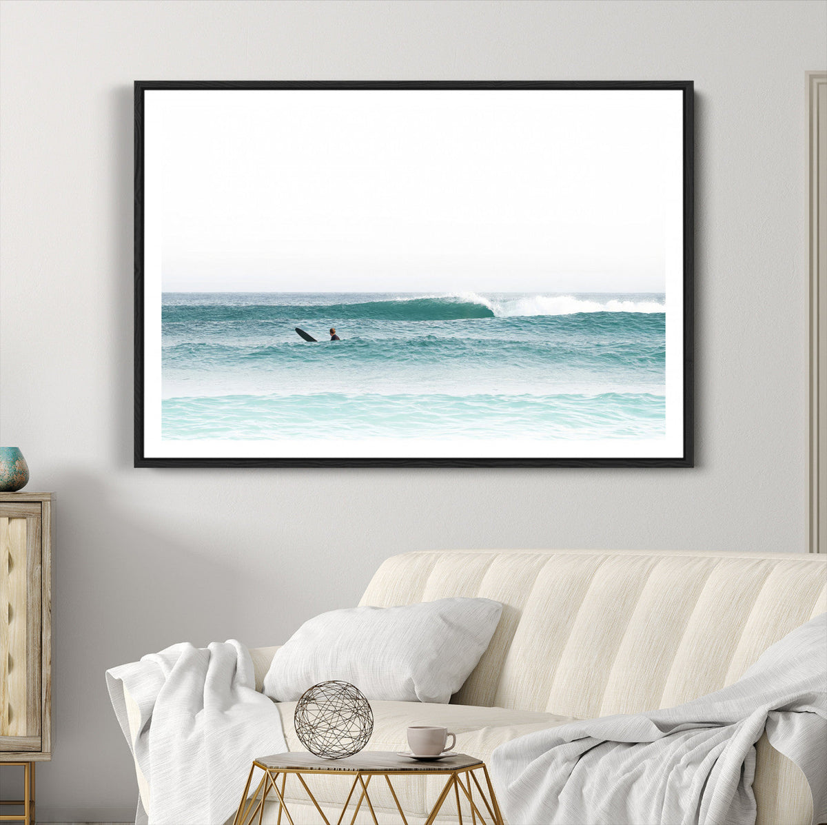Surfing Wall Art Canvas Print, Framed Minimalist Ocean Waves Beach Art