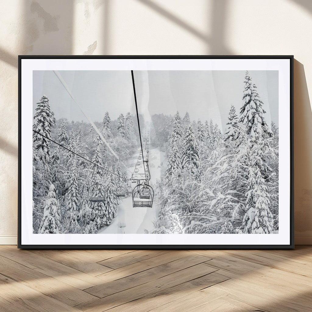 Snowy Ski Lift Wall Art | Framed Winter Mountain Canvas