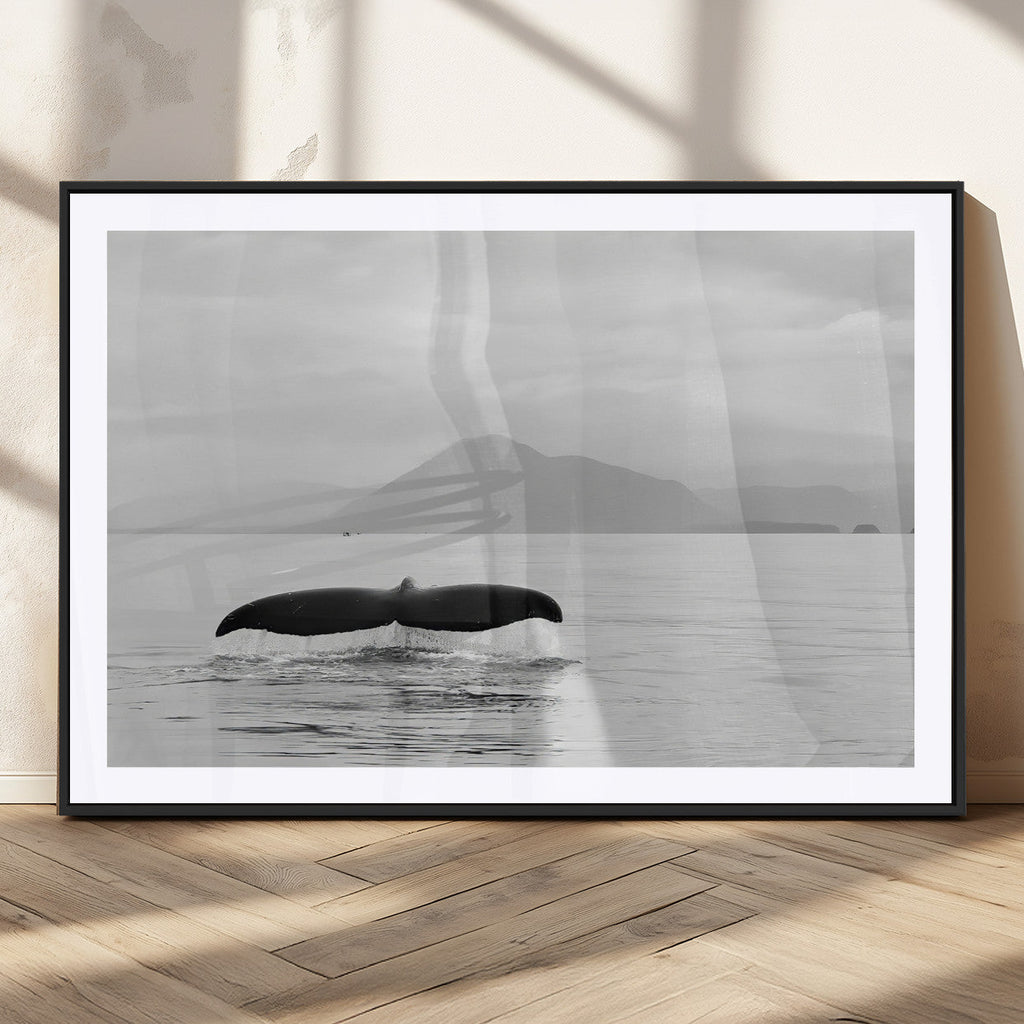 Whale Tail Wall Art | Framed Black White Ocean Canvas