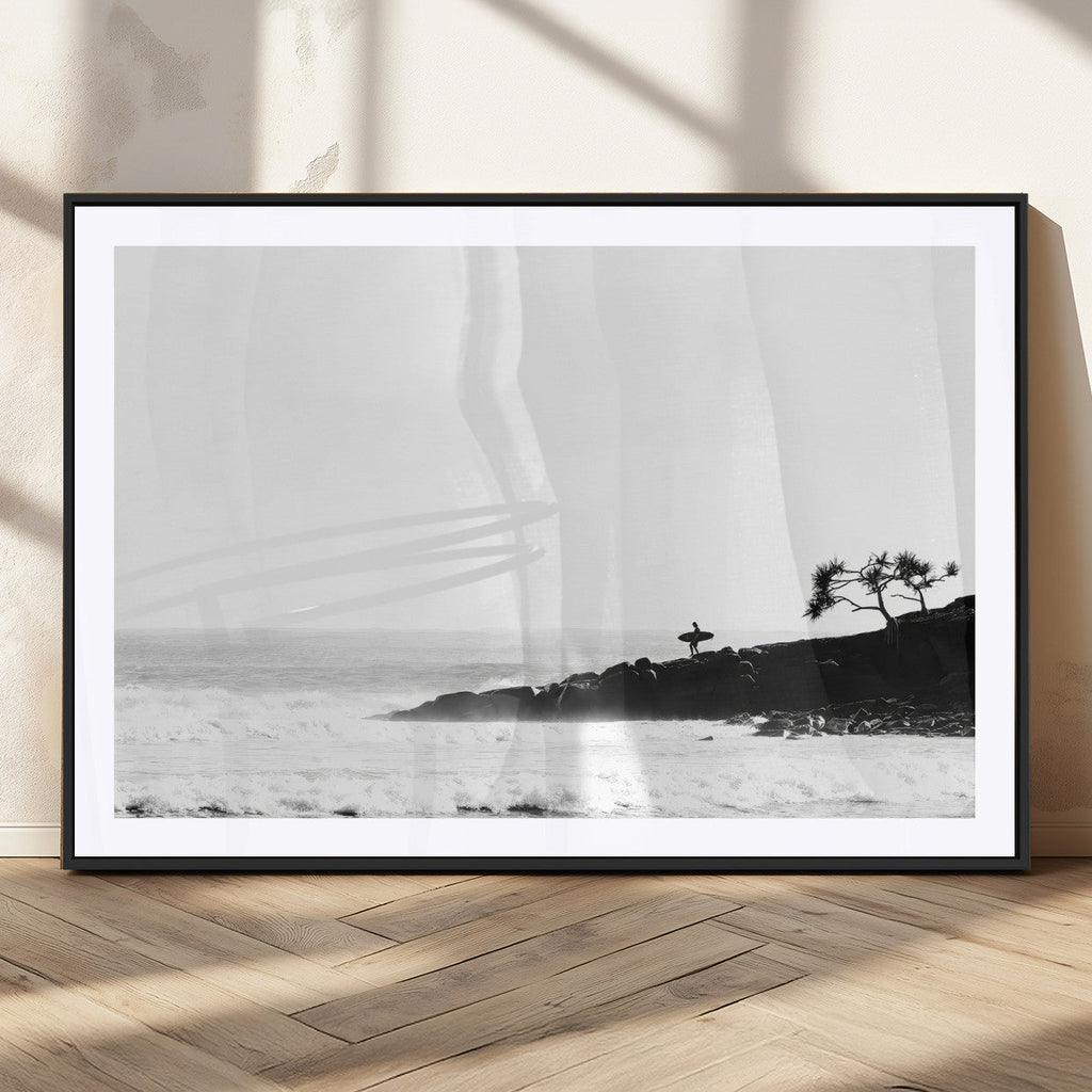 Surfer Cliffs Wall Art Canvas Print, Framed Black White Beach and Ocean Waves