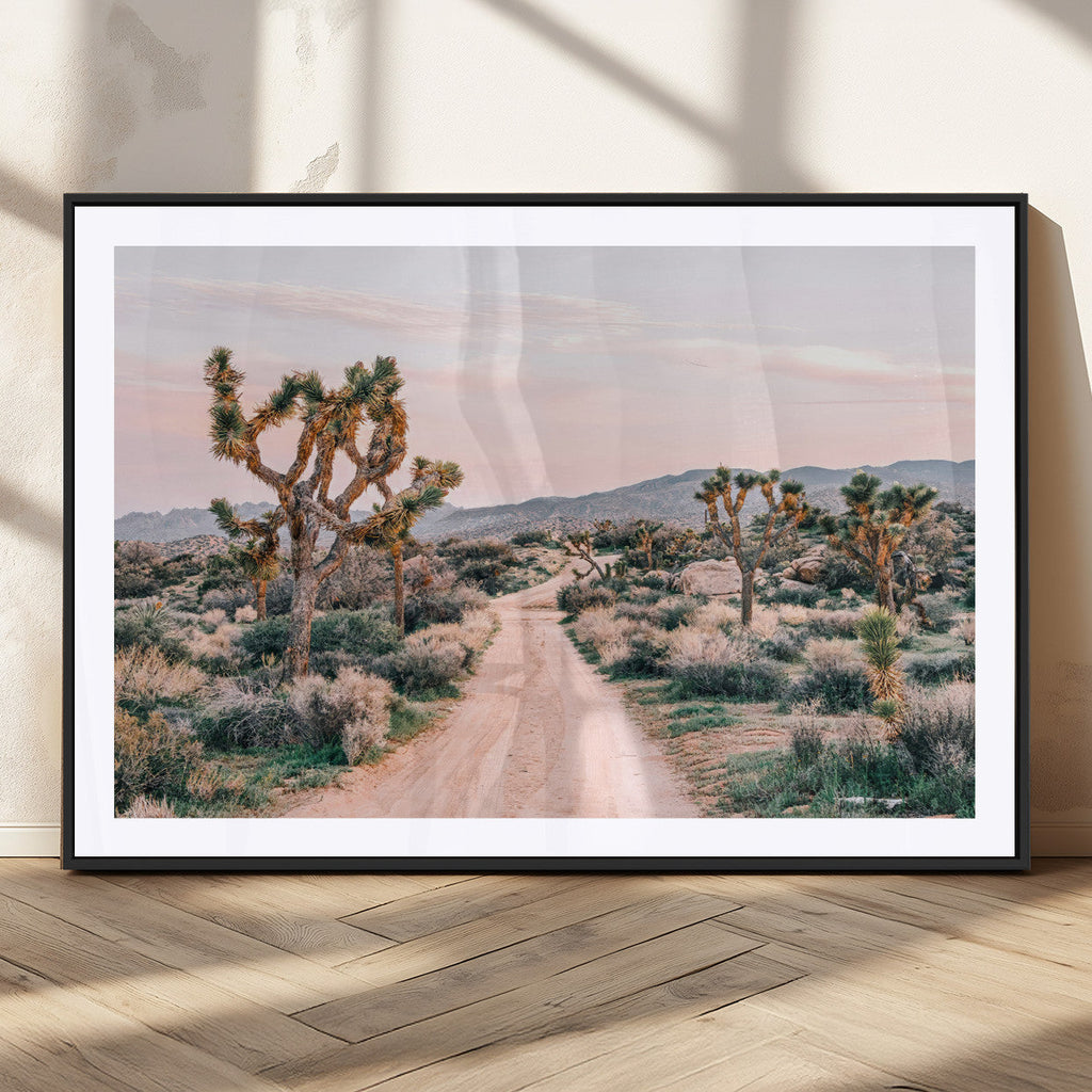 Joshua Tree Wall Art Canvas Print, Framed Desert Road Scene at Sunset