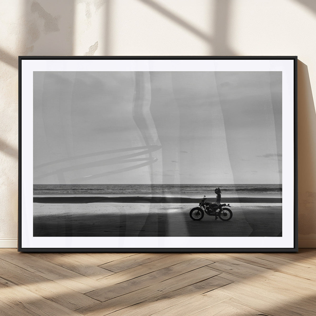 Motorcycle Beach Wall Art Canvas Print, Framed Vintage Motorcycle and Biker Silhouette
