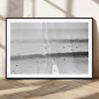 Black White Ocean Wall Art Canvas Print, Framed Coastal Sport and Ocean Swimmers Scene