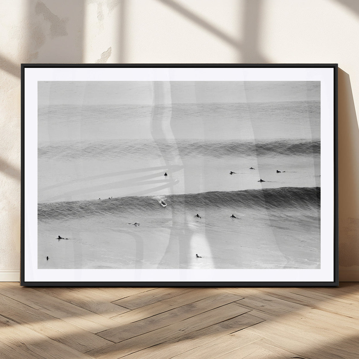 Black White Ocean Wall Art Canvas Print, Framed Coastal Sport and Ocean Swimmers Scene