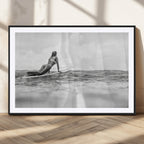 Black and White Surfing Wall Art Canvas Print, Framed Ocean Horizon Surfer Girl