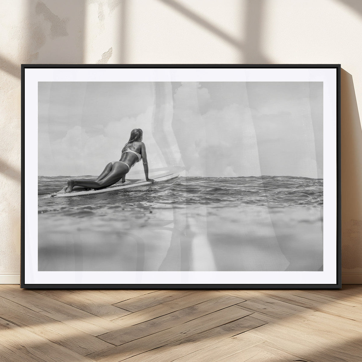 Black and White Surfing Wall Art Canvas Print, Framed Ocean Horizon Surfer Girl