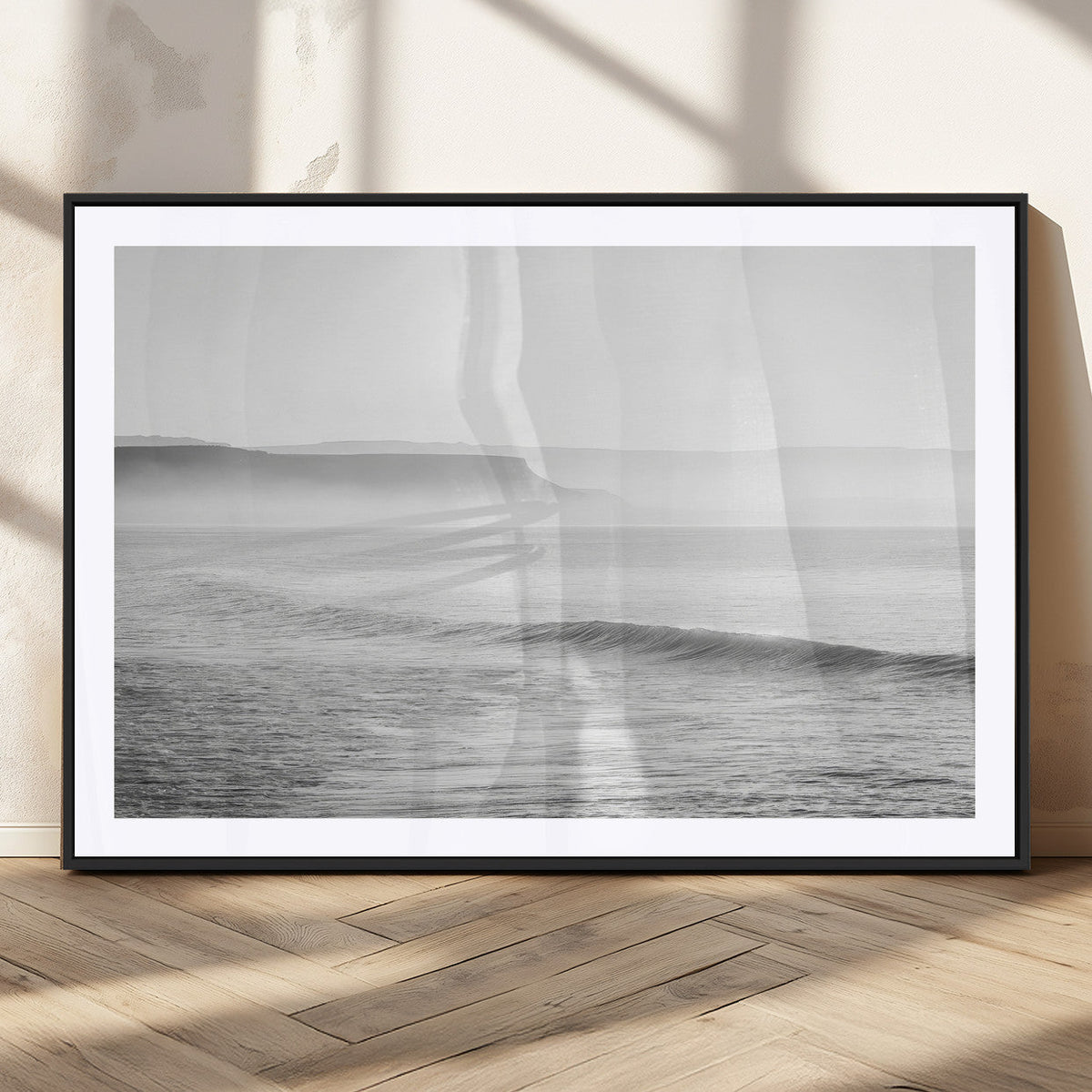 Black and White Seascape Wall Art Canvas Print, Framed Misty Ocean Waves
