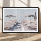Minimalist Beach Wall Art Canvas Print, Framed Pastel Sand and Striped Umbrella Artwork