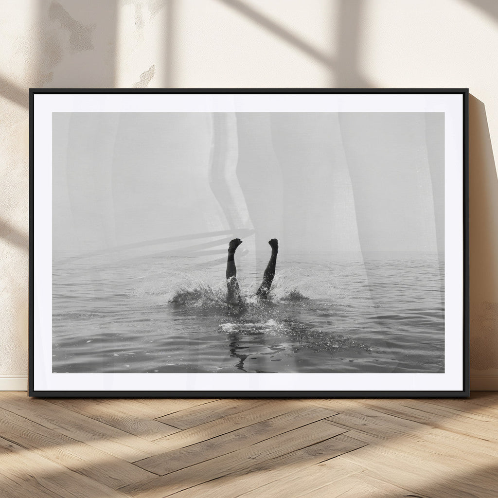 Black White Ocean Wall Art Canvas Print, Framed Monochrome Diving into Water Artwork