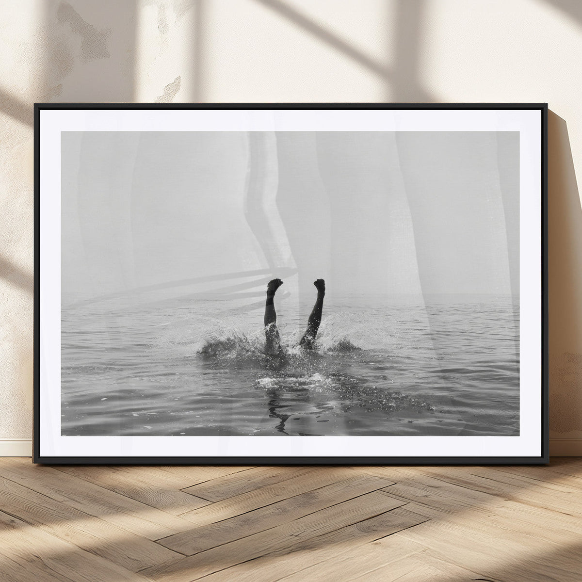 Black White Ocean Wall Art Canvas Print, Framed Monochrome Diving into Water Artwork