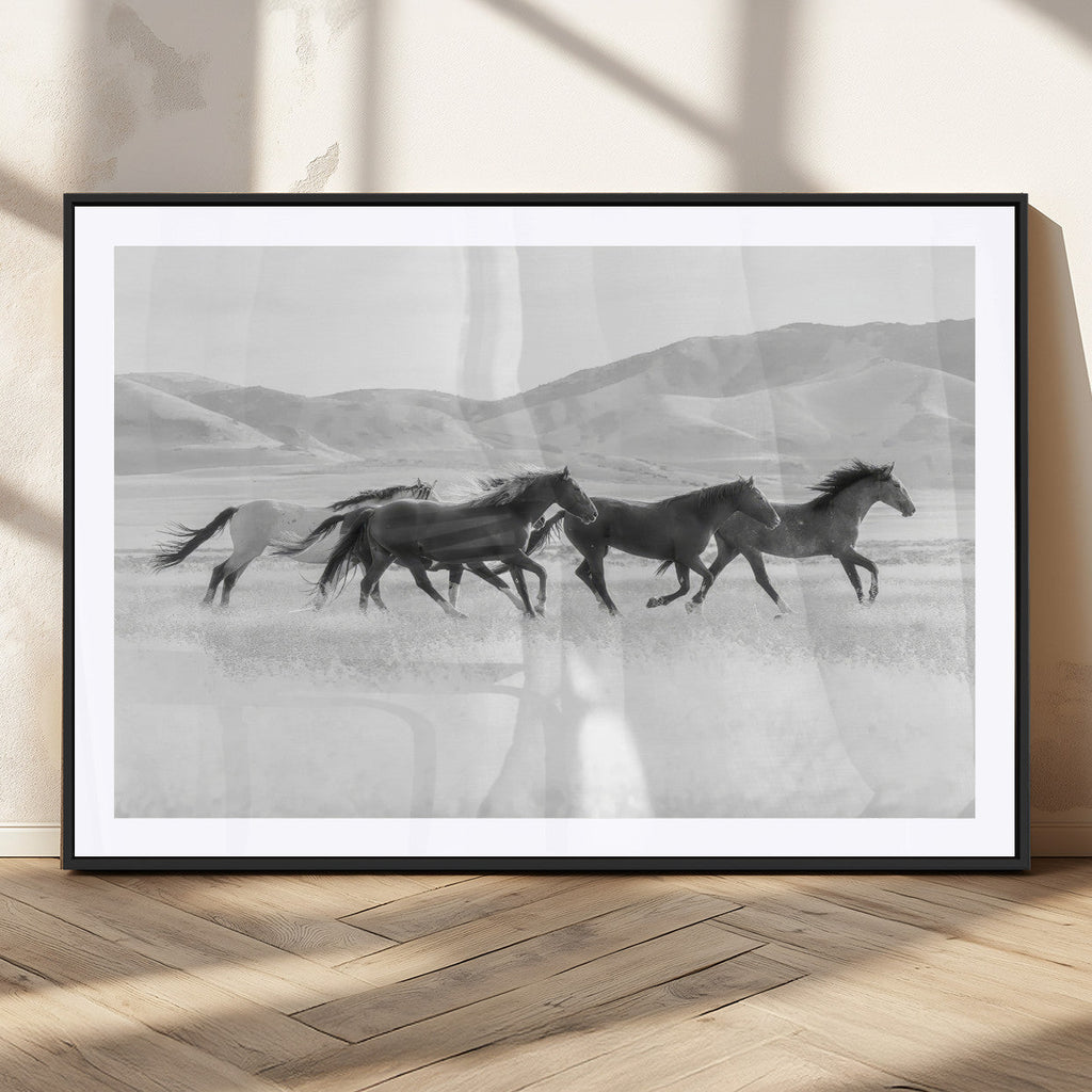 Wild Horses Running Wall Art Canvas Print, Framed Black White Mustangs Artwork