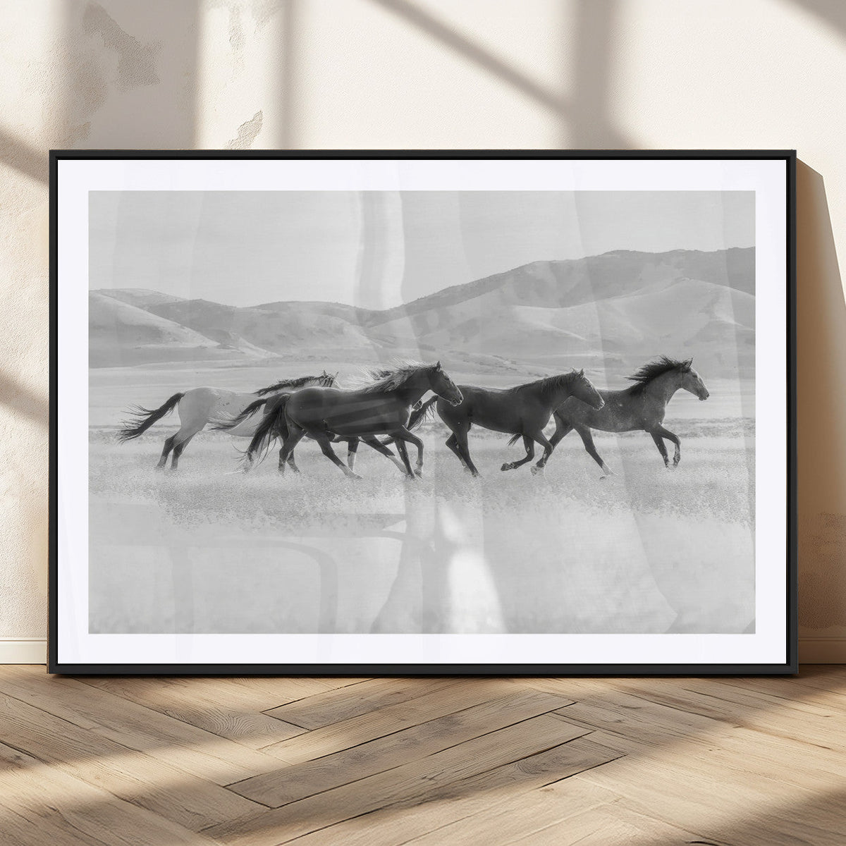 Wild Horses Running Wall Art Canvas Print, Framed Black White Mustangs Artwork