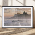 Sunset Surfing Wall Art Canvas Print, Framed Misty Mountains and Surfer Riding a Wave