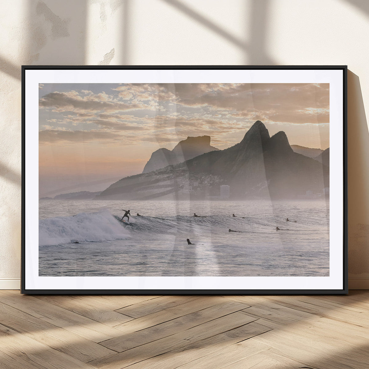 Sunset Surfing Wall Art Canvas Print, Framed Misty Mountains and Surfer Riding a Wave