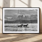 Wild Horses Wall Art | Framed Black White Mountain Canvas