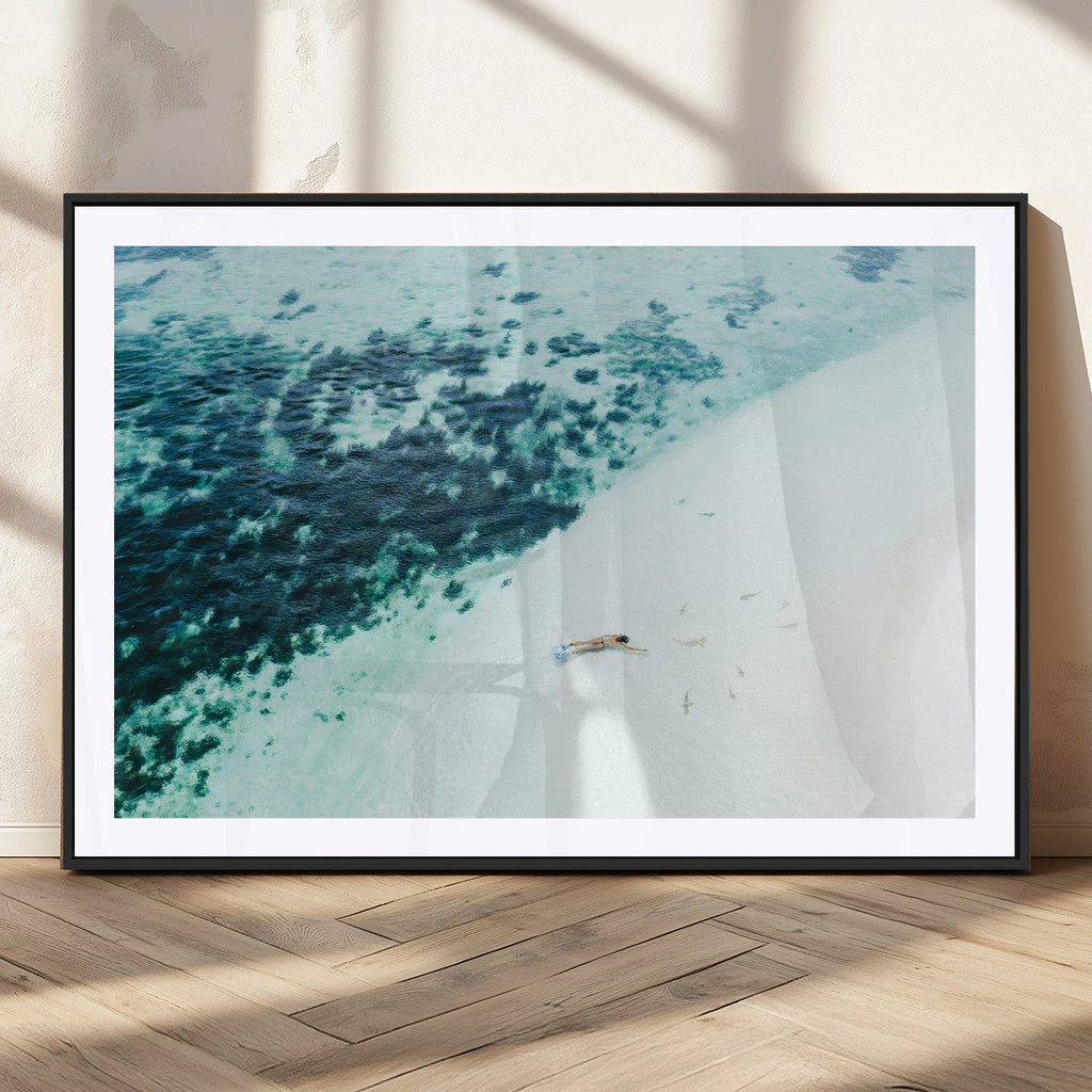 Minimal Beach Wall Art Canvas Print, Framed Ocean Swimming Art, Clear Ocean Decor