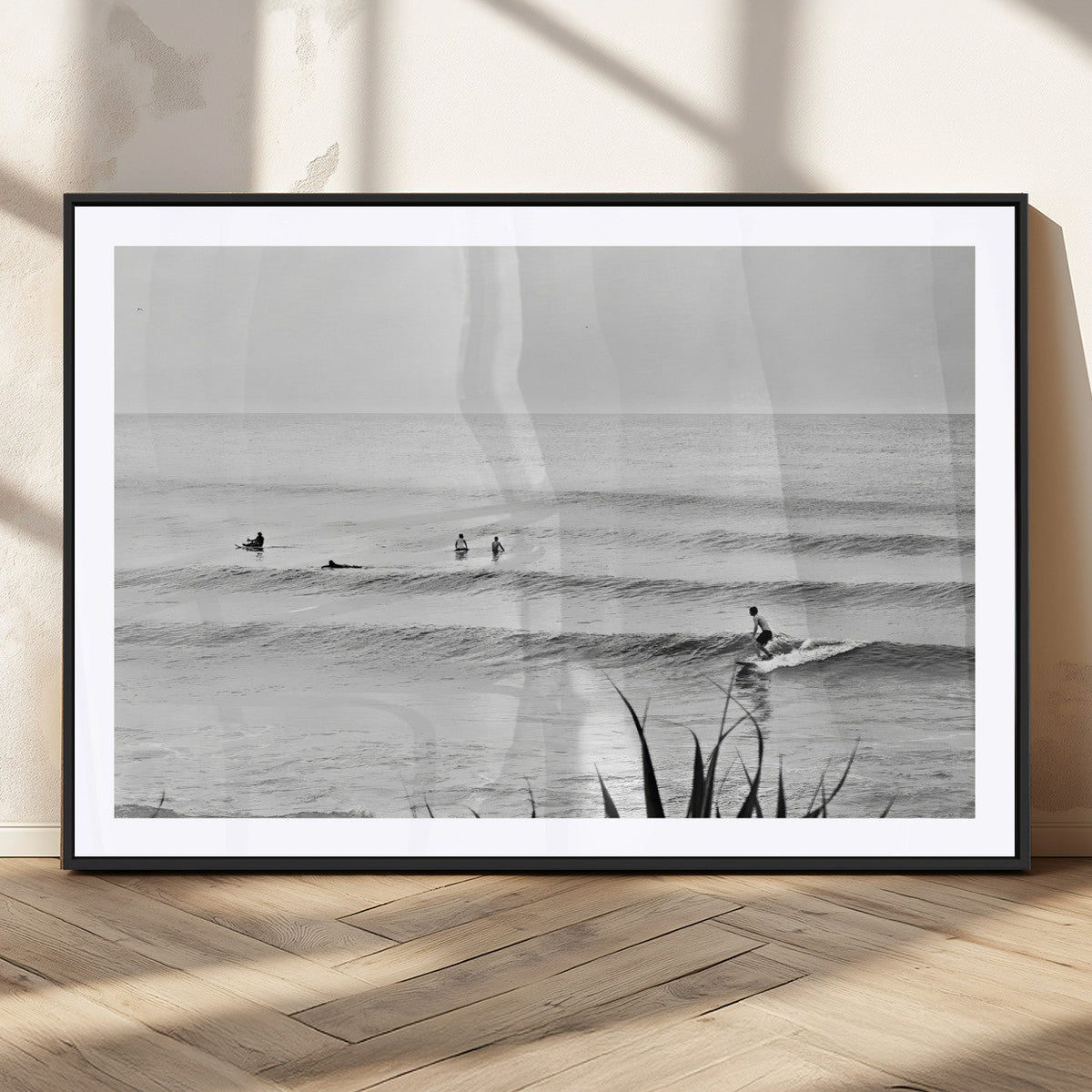Surfer Silhouette Wall Art Canvas Print, Framed Calm Ocean Monochrome Surf