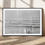 Surfer Silhouette Wall Art, Framed Calm Ocean Monochrome Surf Canvas Print
