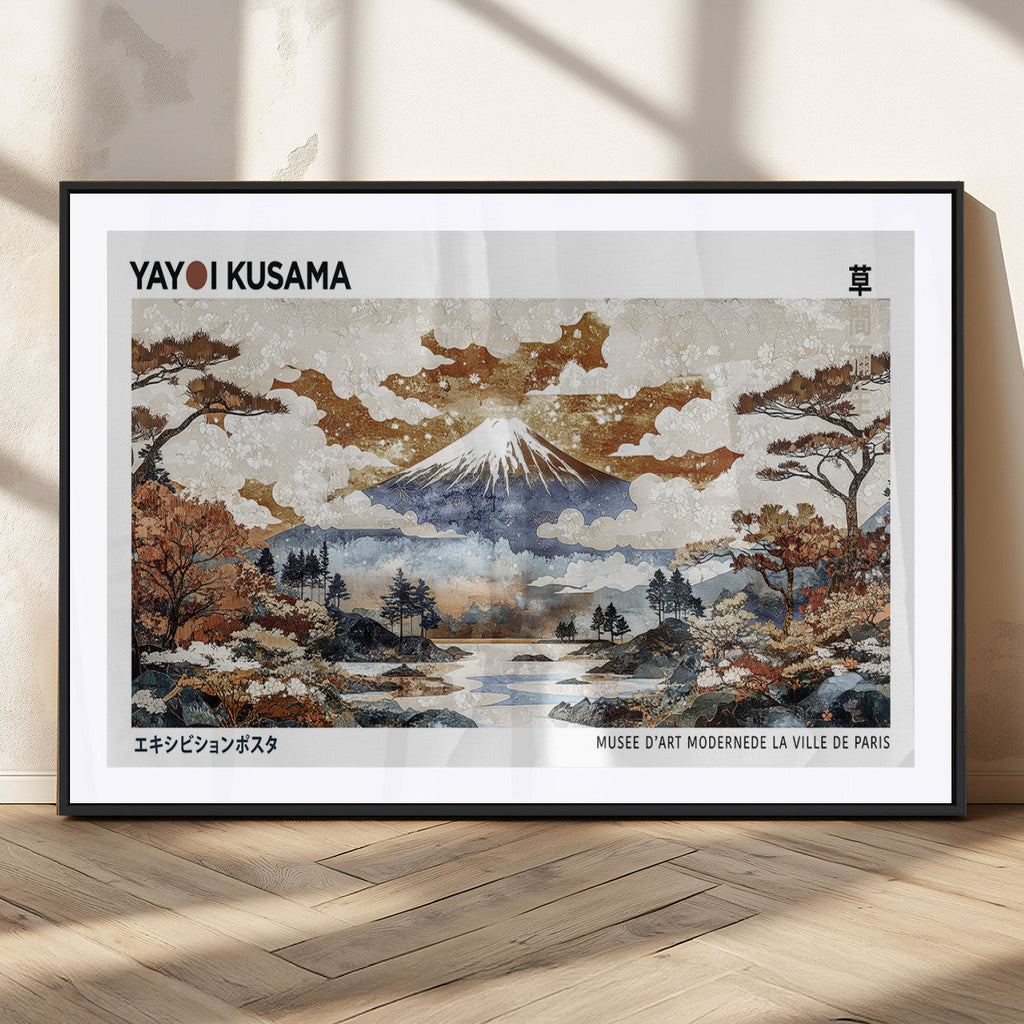 Modern Japanese Wall Art Canvas Print, Framed Abstract Mount Fuji Landscape, Yayoi Kusama Canvas Wall Art