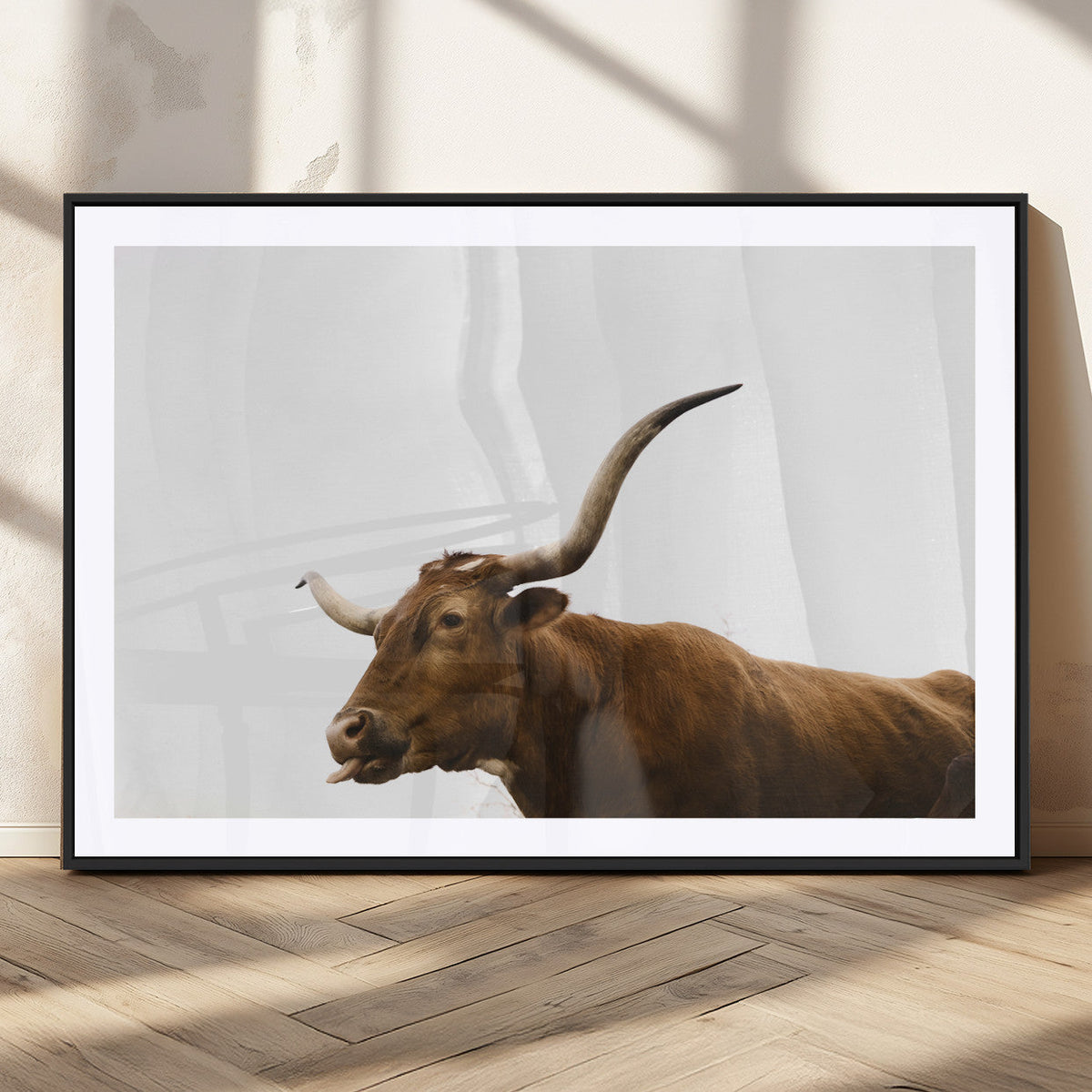 Longhorn Cow Wall Art Canvas Print, Framed Rustic Texas Bull Animal Decor