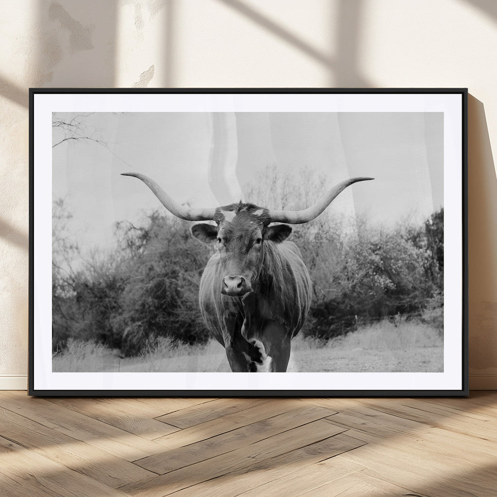 Longhorn Photography Wall Art Canvas Print, Framed Western Cow Texas Ranch Decor