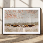 Country Cow Herd Wall Art Canvas Print, Framed Farmhouse Cattle Scene, Rustic Ranch Decor
