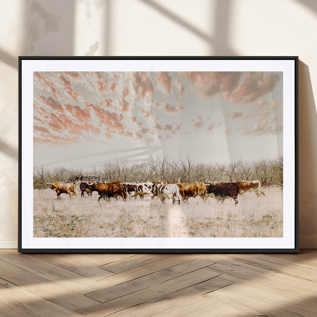 Country Cow Herd Wall Art Canvas Print, Framed Farmhouse Cattle Scene, Rustic Ranch Decor